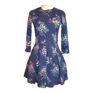 Gap Women's SZ 0 Navy Blue & White Floral Fit N Flare Pocket Knit Midi Dress